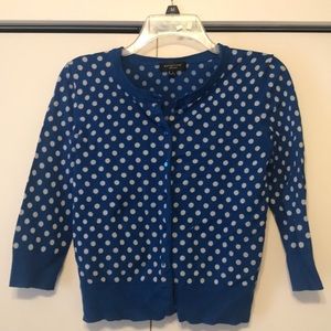 Blue and white polka dot cardigan sweater